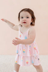 Spaghetti Strap Ruffle Romper in Sakura Ice Cream