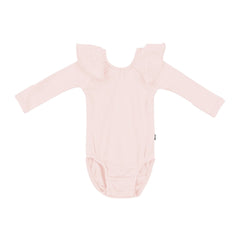 Ribbed Long Sleeve Ruffle Leotard in Blush