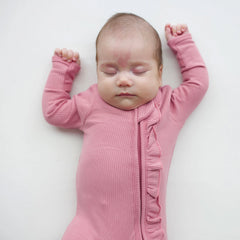 Ribbed Ruffle Zipper Footie in Apple Blossom