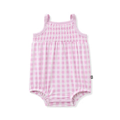 Smocked Bubble Romper in Gingham Thistle