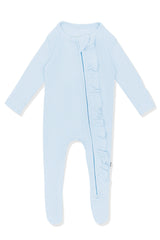 Ribbed Ruffle Zipper Footie in Breeze