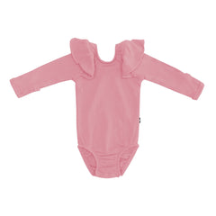Ribbed Long Sleeve Ruffle Leotard in Apple Blossom