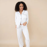 Women's Long Sleeve Pajama Set in Snow with Midnight Trim