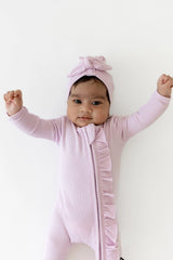 Ribbed Ruffle Zipper Footie in Thistle