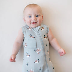 Zippered Sleeveless Romper in Mallard Duck