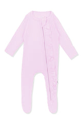Ribbed Ruffle Zipper Footie in Thistle