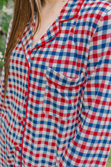 Long-Sleeved Women's Pajama Set in Patriotic Gingham