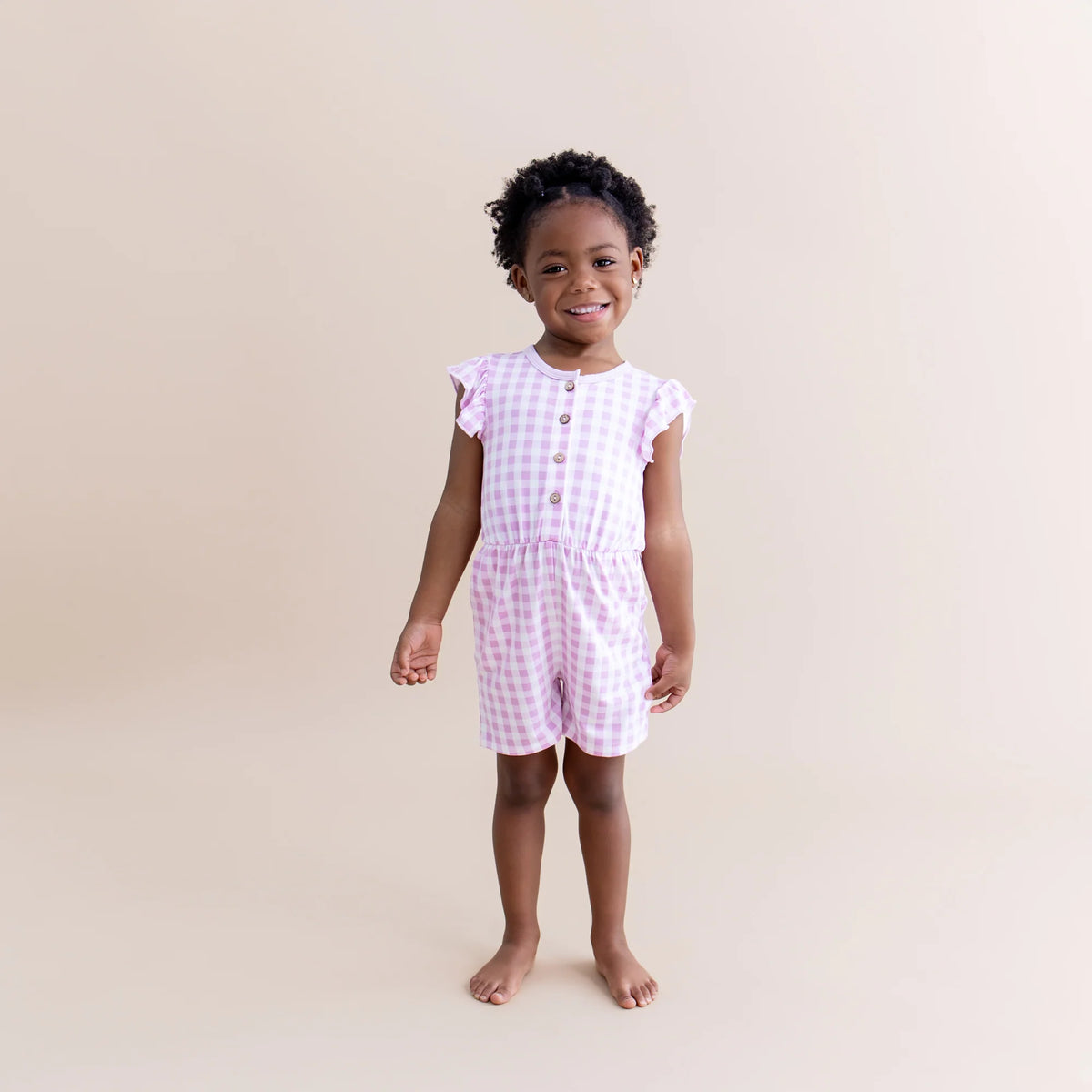 Flutter Sleeve Romper in Gingham Thistle