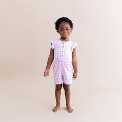 Flutter Sleeve Romper in Gingham Thistle