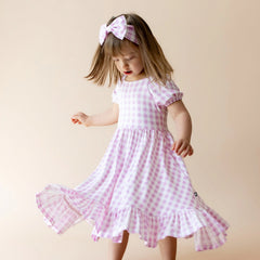 Puff Sleeve Twirl Dress in Gingham Thistle